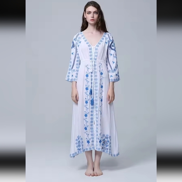 Elegant White and Blue Maxi Dress